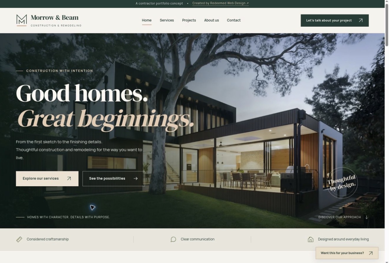 Screenshot of the Morrow and Beam construction and remodeling website concept